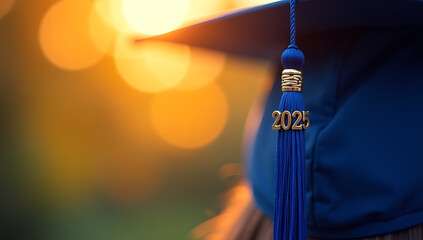 Close-Up of 2025 Blue Tassel on Graduation Cap: Symbolizing Achievement, Growth, and Future Success