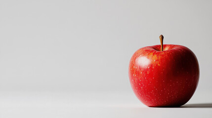 Vibrant red apple on a smooth white surface contrasting with a gray background, highlighting its freshness and simplicity.