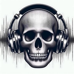 Skull with headphones and sound wave design.