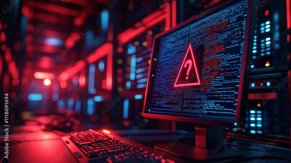 Poster computer screen shows cyber alert in server room. red warning triangle with question mark highlights