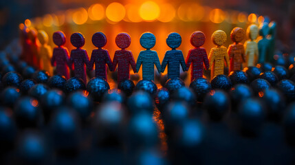 Obraz premium Bokeh Team Building concept as Bokeh digital art background featuring blurred lights and team building elements symbolizing unity and collaboration ideal for banners with copy space. in Photo Stock 