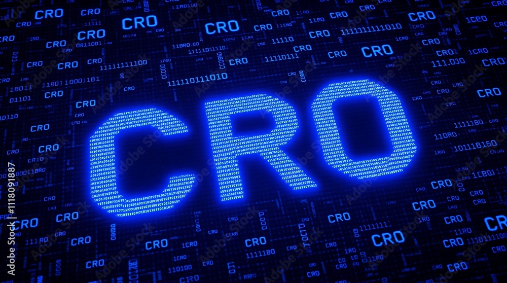 Poster digital blue matrix binary code forming the acronym cro representing conversion rate optimization co