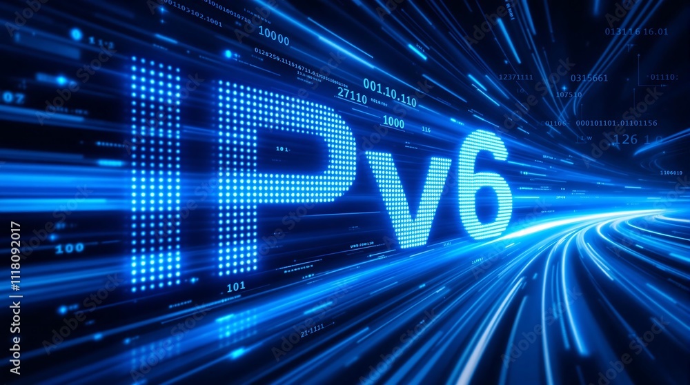 Poster digital blue matrix binary code forming the acronym ipv6 representing internet protocol version 6 co