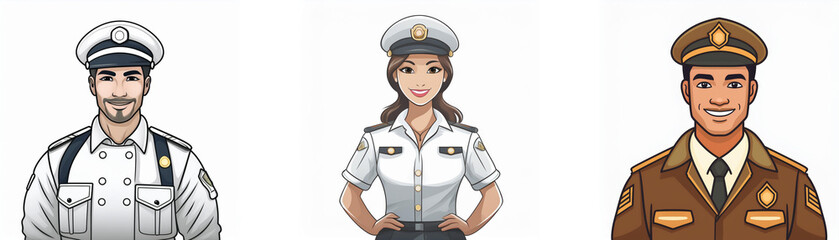 Three uniformed officers stand, each in distinct attire: a white nautical-style uniform, a crisp white police uniform, and a brown military uniform.