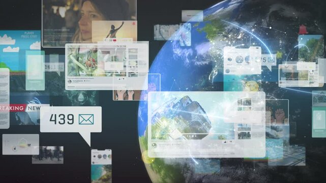 Countless news, pictures, video and social media posts fly out of a digital globe, concept of networking and sharing private content on the global internet 