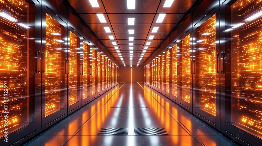 Poster futuristic data center with quantum computers and glowing tech elements