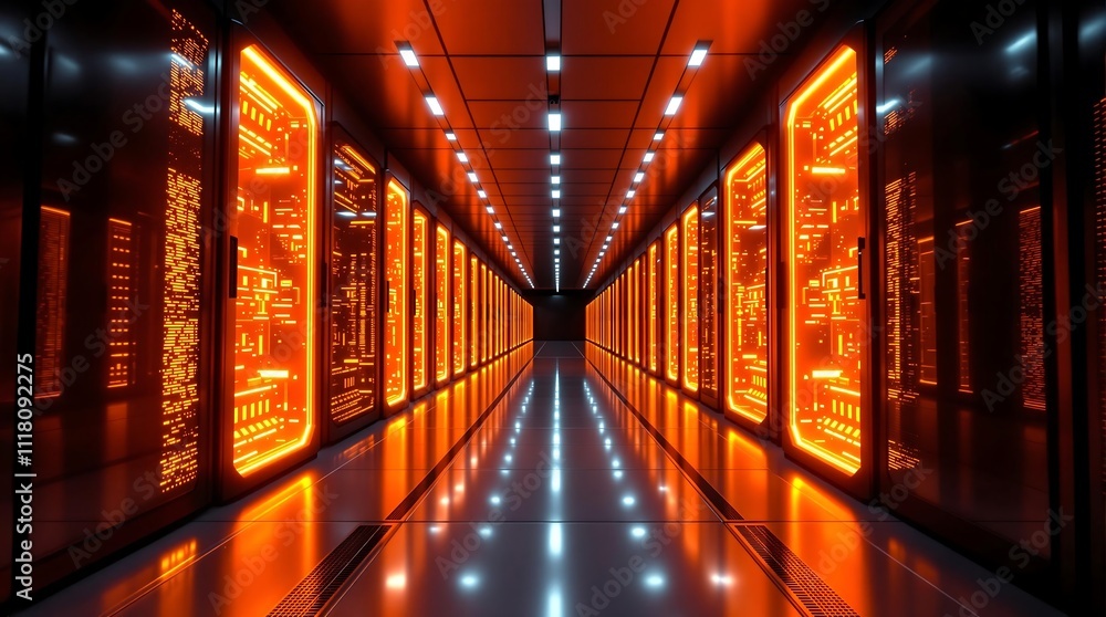 Poster futuristic data center with quantum computers and glowing tech elements