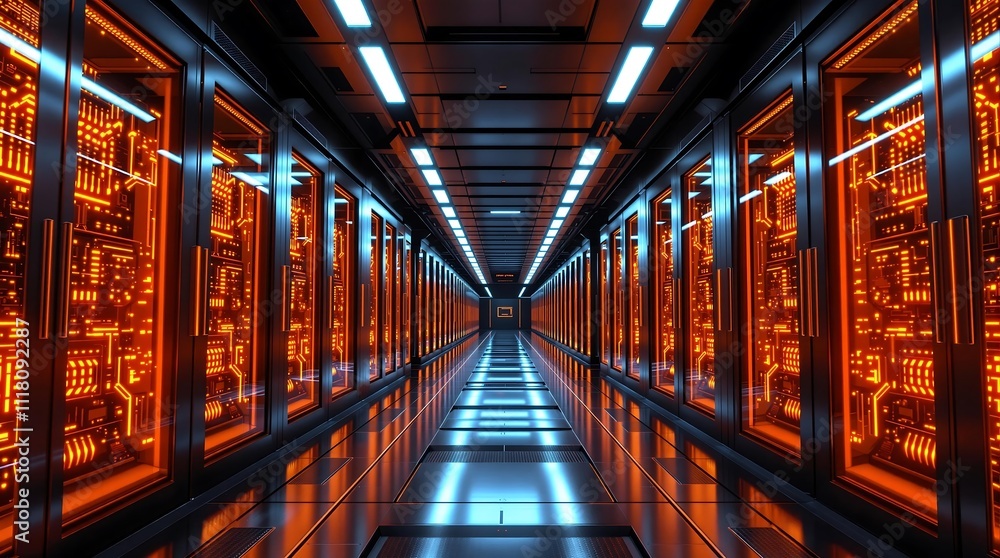 Poster futuristic data center with quantum computers and glowing tech elements