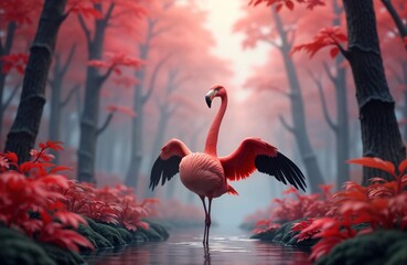 Pink flamingo stands in misty forest. Wings spread. Nature scene. Water flows near. Red foliage around. 3D illustration style. Fantastic wildlife photo.
