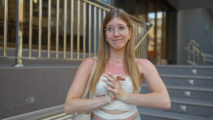 Young, attractive, blonde, woman standing outdoors in a city street, displaying a thoughtful expression on a sunny day