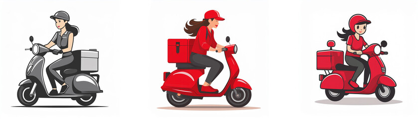 Three women on scooters; one gray, two red.  Delivery service concept illustrated.