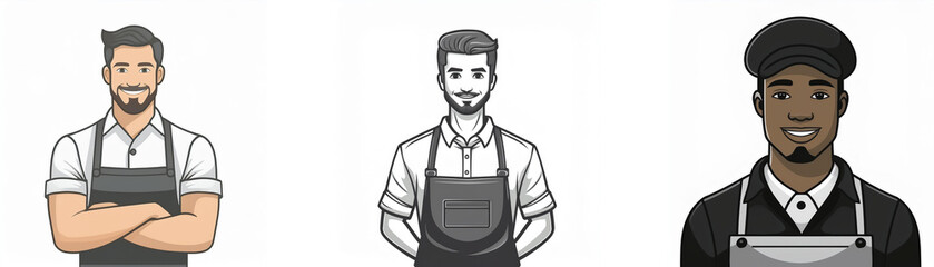Three illustrations of men in aprons.  One is light-skinned, one is dark-skinned, and one is grayscale.  All appear friendly and approachable.