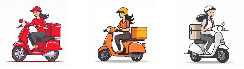 Three female delivery riders on scooters, each carrying packages.  They wear helmets and are depicted in various colors of scooters and delivery boxes.