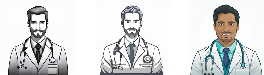 Fototapeta premium Three illustrations depict doctors of diverse ethnicities, each wearing a white coat and stethoscope. They represent healthcare professionals.