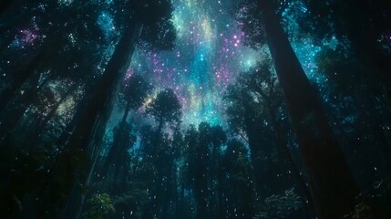 Obraz premium Enchanted Forest Low-Angle Composition, Teal and Purple Nebula, Mystical Night Sky, digital art, fantasy Digital art, fantasy art