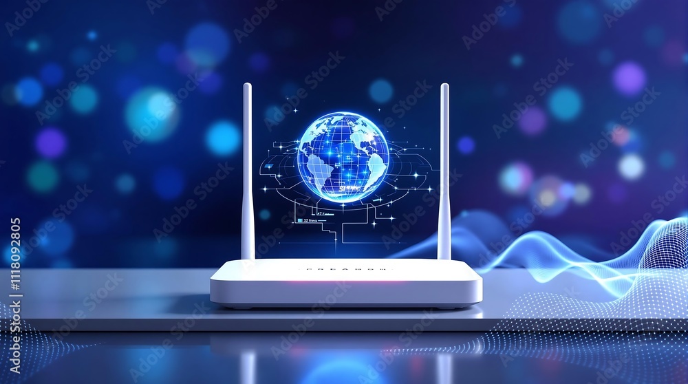 Poster modern high-speed 5g router for home secure networks and online communication representing high band