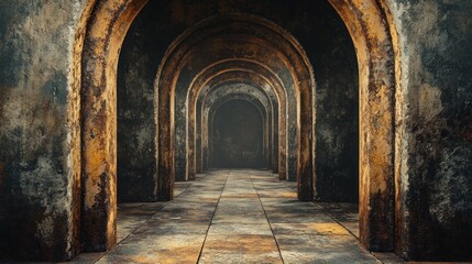 Obraz premium A dimly lit corridor with arched passageways and textured walls, evoking mystery.