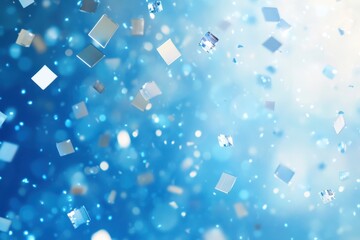 A bright blue background filled with shimmering reflective squares and confetti-like elements