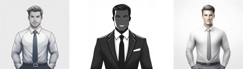 Three grayscale illustrations depict stylish men in formal attire.  One wears a suit, the others dress shirts and ties.  The images exude professionalism and sophistication.