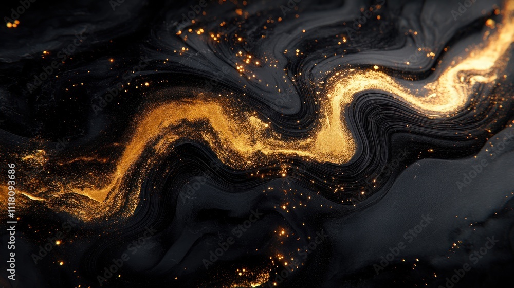 Poster an abstract design featuring swirling black and gold textures with sparkling elements.