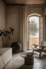 A serene interior space with natural light and minimalist decor.