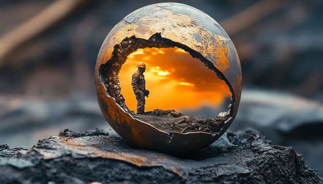 Surreal metal worker in textured world, exploring unique landscape