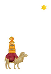 Camel with saddle blanket and treasure chests, gift boxes, Christmas star watercolor illustration. Hand painted art for cards, posters, stickers, decoration for true Christmas. Cute minimalistic clip