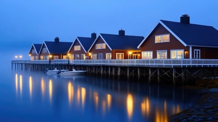Obraz premium Illuminated red wooden houses create a magical ambiance at night in Islands, beautifully reflecting on tranquil waters