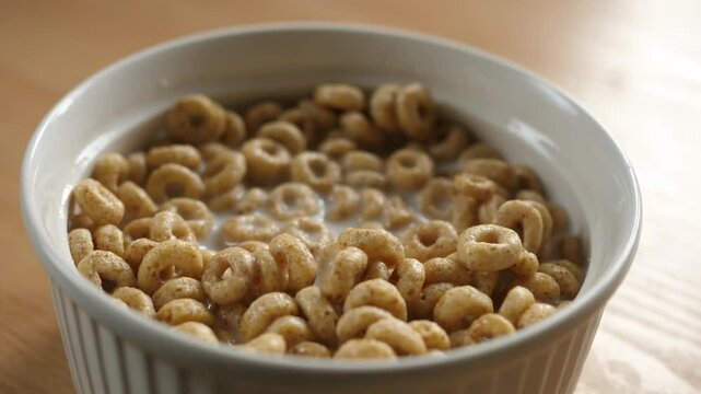scooping honey cereal rings with a spoon from a bowl full of milk