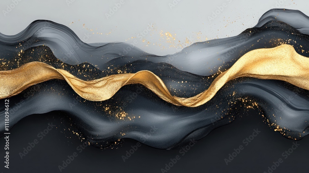 Poster abstract design featuring flowing black and gold elements with a textured background.