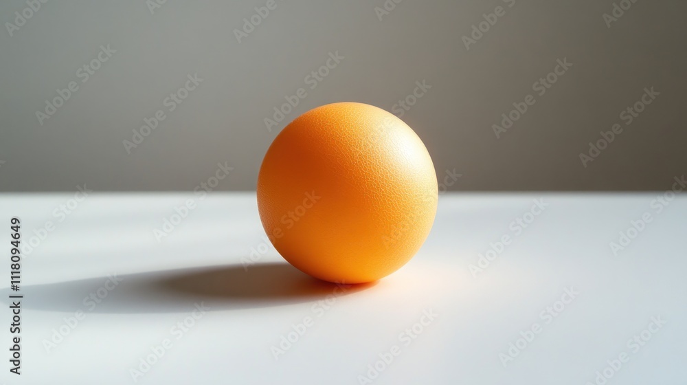 Poster a simple orange sphere resting on a white surface, casting a soft shadow.