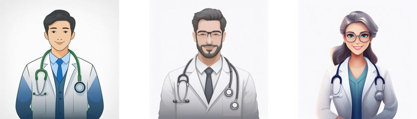 Fototapeta premium Three doctors, one man with beard, one woman with glasses, and one man with dark hair, are depicted in this illustration. They're all wearing white coats and stethoscopes.