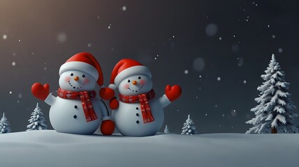 Fototapeta premium snowmen are standing in the snow with a snowman in the background.
