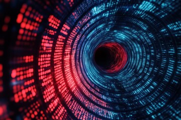Fototapeta premium A tunnel made of binary code with a deep blue and red color scheme