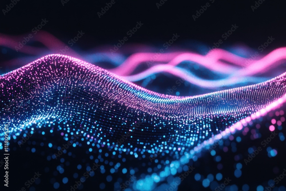Poster abstract waves made of glowing particles and lines isolated on a dark background