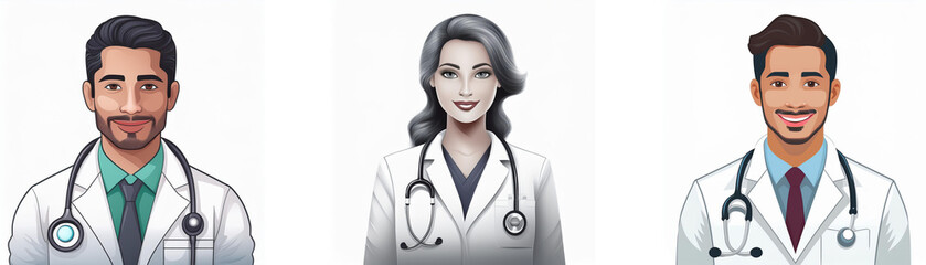 Fototapeta premium Three illustrated doctors, one woman and two men, are shown in profile. They wear white coats and stethoscopes.