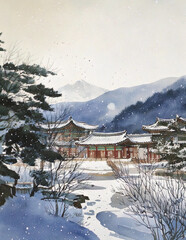 한국 전통 건축이 있는 겨울 수묵담채화 풍경