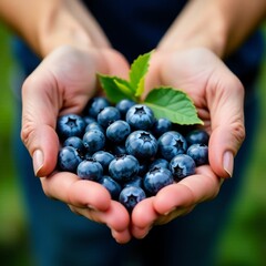 Hands Cradling Fresh Blueberries with Leafy Green accents in Natural Setting
