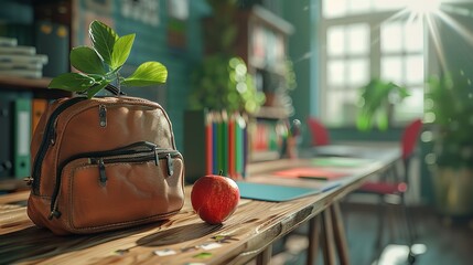 A school bag on school desk with apple and other school accessories, Generative AI.