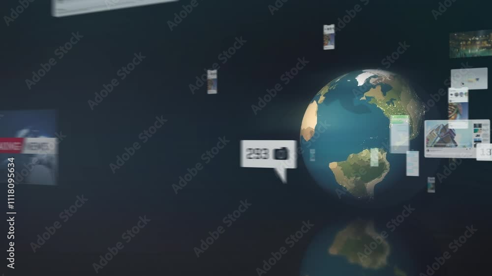 Poster various windows with digital social media content fly out of animated globe, concept of global netwo