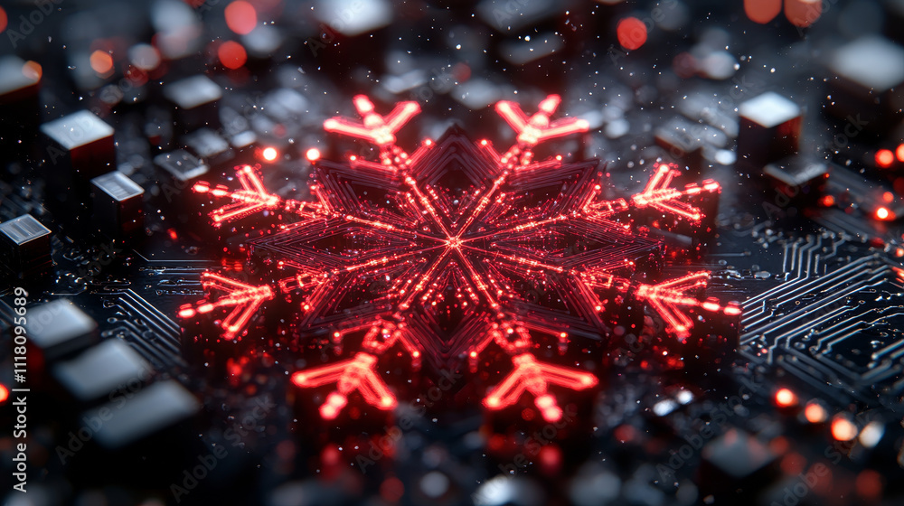 Poster a futuristic snowflake on a printed circuit board, illuminated with neon colors.