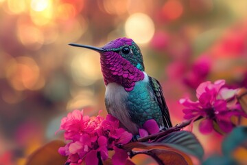 Naklejka premium Hummingbird Perched on a Branch of Pink Flowers