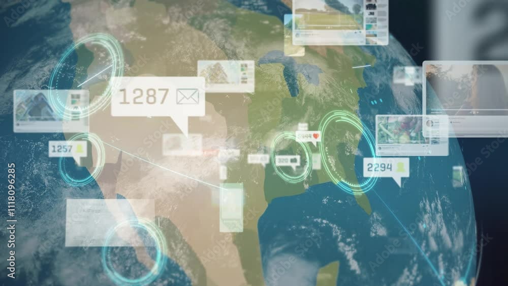 Poster globe with digital network shows various videos and social media posts that are posted, worldwide ne