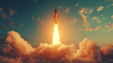 Computer graphics showing a rocket taking off through the clouds. Taking off, starting something new, or achieving a goal.
