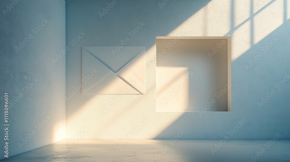Poster a minimalist interior with an envelope and a square recess, illuminated by soft light.