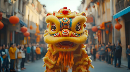Candid image of people watching lion dance performance in street with space for text below. concept as People candidly watching a lion dance performance on the street capturing excitement and cultural