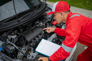 A skilled mechanic inspects a car engine using a checklist to ensure everything is perfect