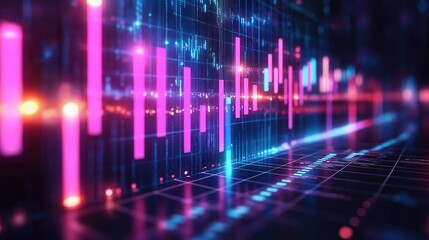 Abstract financial graph displays colorful bars, lines. Glowing data trends show market analysis. Fluctuating metrics create dynamic pattern. Insightful data review for performance overview. Modern