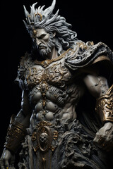 Greek god, muscular, in rays around him, long hair and long beard zeus, power, strength, statue, sculpture, ancient. 3D rendering character design cartoon illustration.