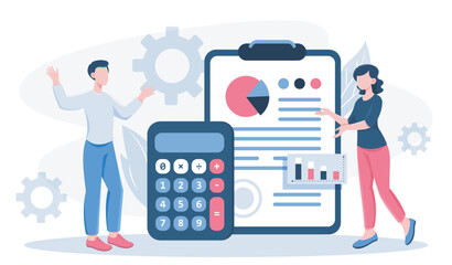 Financial audit concept. Man and woman near calculator and clipboard with statistics. Financial literacy, accounting and budgeting. Investment and trading. Flat vector illustration